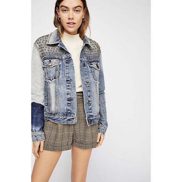 Free People Jackets & Blazers - Free People Studded Blue Pub Crawl Denim Jean Jacket Distressed Large XS